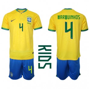 Brazílie Marquinhos #4 Dětské Domácí dres komplet MS 2022 Krátký Rukáv (+ trenýrky)